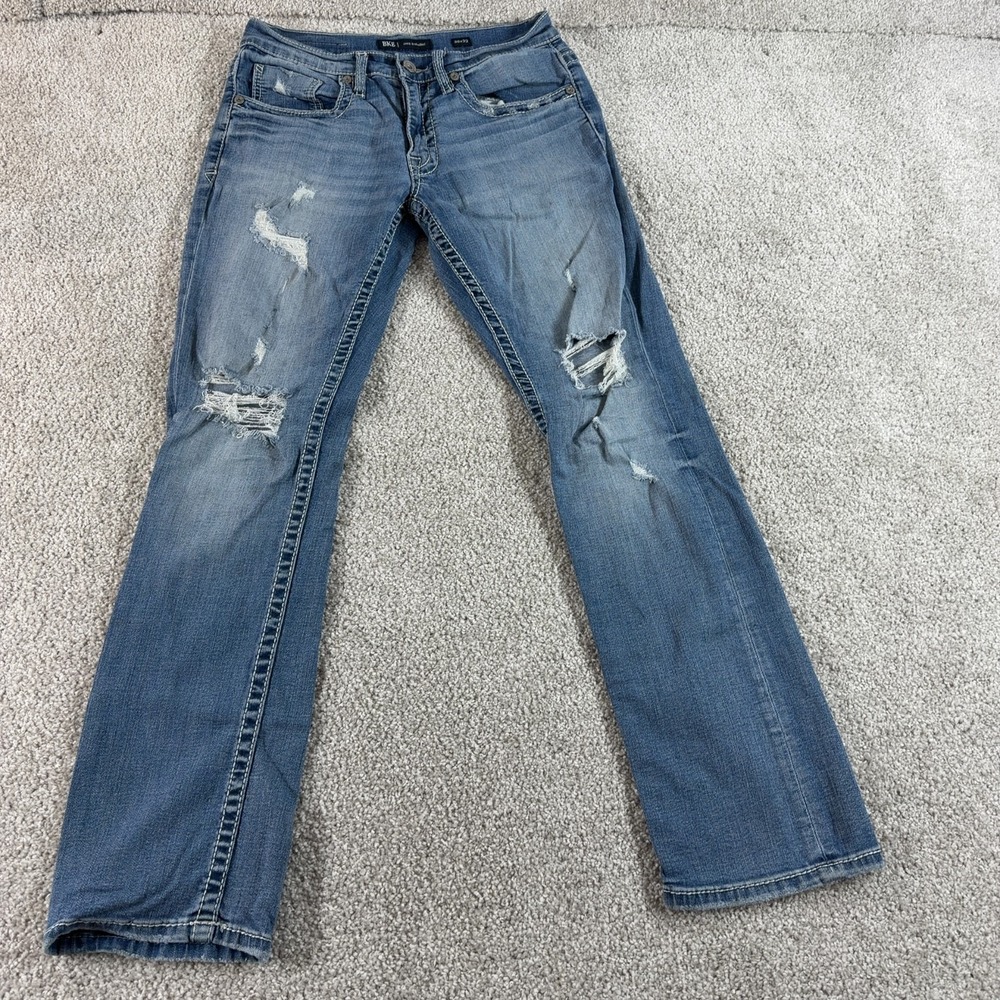 BKE Jeans Mens 30x32 Light Blue Jake Straight Leg Whisker Distressed Grunge